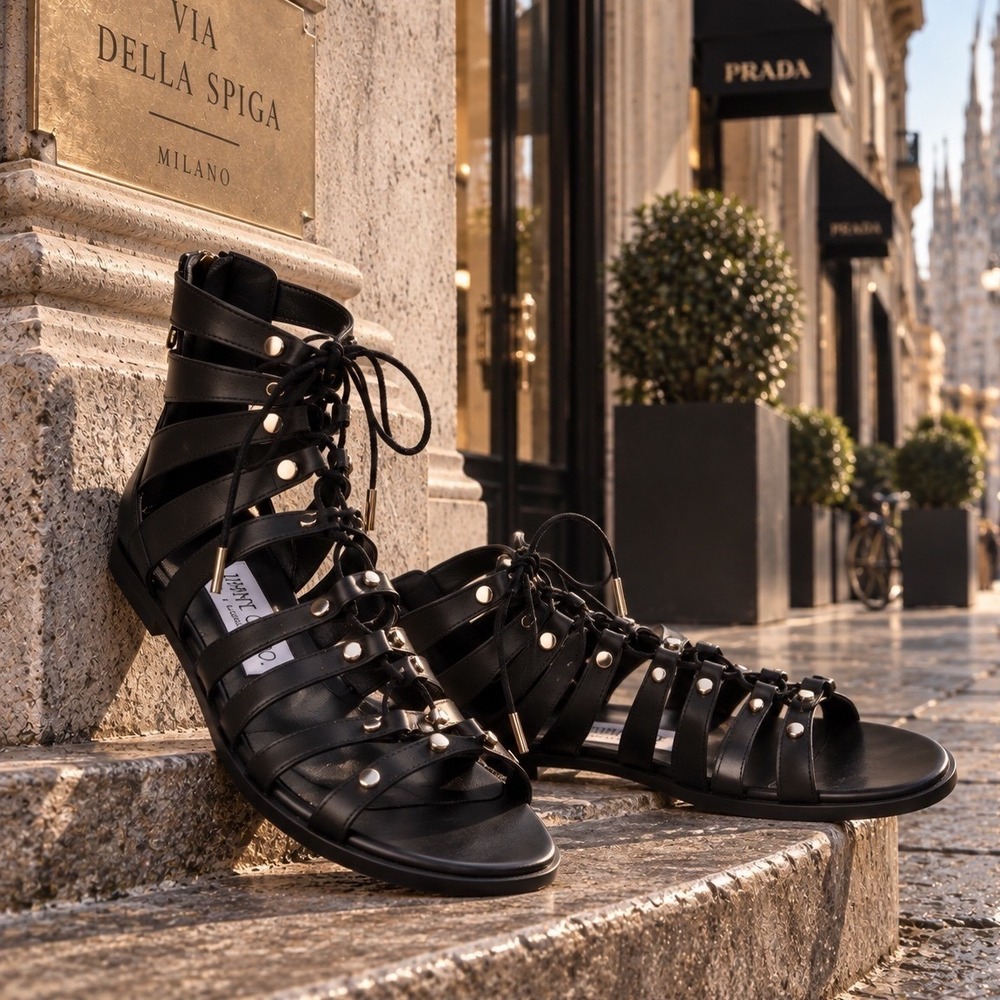 Jimmy Choo Black Leather Studded Gladiator Sandals Lace Up Flat Zip Back W 9